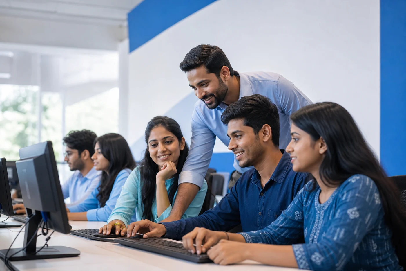 Students building practical computer skills with guidance from an instructor